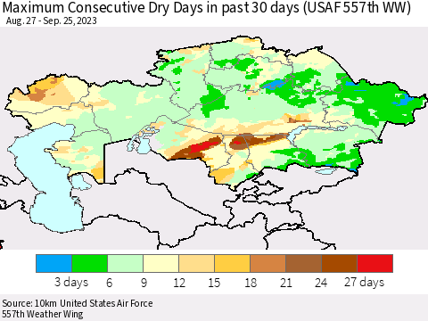 Kazakhstan Maximum Consecutive Dry Days in past 30 days (USAF 557th WW) 09/25/2023 Thematic Map For 9/21/2023 - 9/25/2023