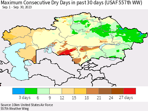 Kazakhstan Maximum Consecutive Dry Days in past 30 days (USAF 557th WW) 09/30/2023 Thematic Map For 9/26/2023 - 9/30/2023