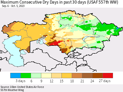 Kazakhstan Maximum Consecutive Dry Days in past 30 days (USAF 557th WW) 10/05/2023 Thematic Map For 10/1/2023 - 10/5/2023