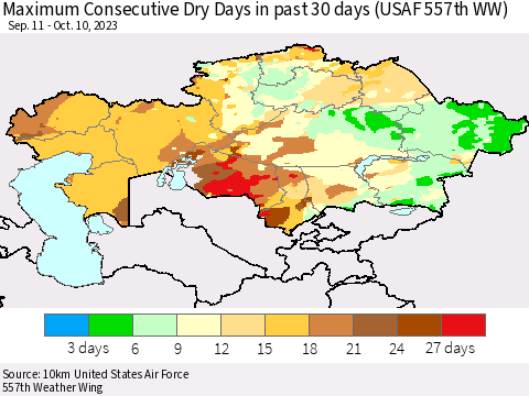 Kazakhstan Maximum Consecutive Dry Days in past 30 days (USAF 557th WW) 10/10/2023 Thematic Map For 10/6/2023 - 10/10/2023