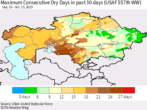 Kazakhstan Maximum Consecutive Dry Days in past 30 days (USAF 557th WW) 10/15/2023 Thematic Map For 10/11/2023 - 10/15/2023