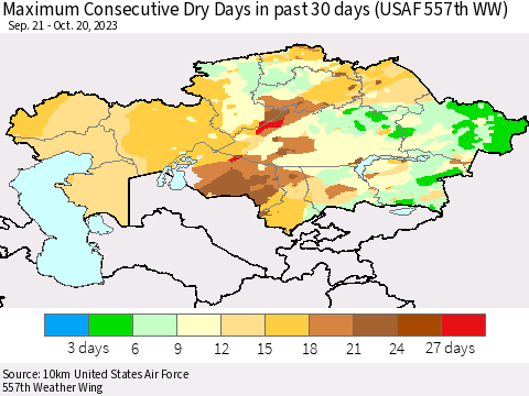 Kazakhstan Maximum Consecutive Dry Days in past 30 days (USAF 557th WW) 10/20/2023 Thematic Map For 10/16/2023 - 10/20/2023