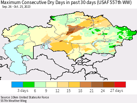 Kazakhstan Maximum Consecutive Dry Days in past 30 days (USAF 557th WW) 10/25/2023 Thematic Map For 10/21/2023 - 10/25/2023