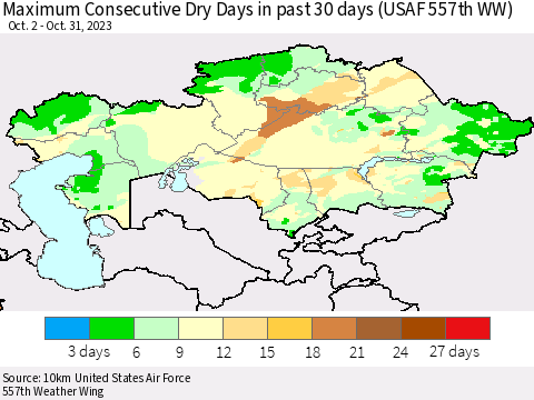 Kazakhstan Maximum Consecutive Dry Days in past 30 days (USAF 557th WW) 10/31/2023 Thematic Map For 10/26/2023 - 10/31/2023