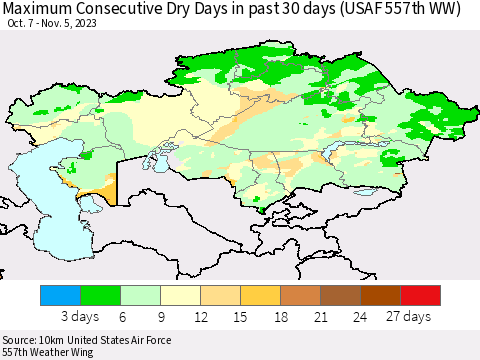 Kazakhstan Maximum Consecutive Dry Days in past 30 days (USAF 557th WW) 11/05/2023 Thematic Map For 11/1/2023 - 11/5/2023