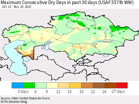 Kazakhstan Maximum Consecutive Dry Days in past 30 days (USAF 557th WW) 11/10/2023 Thematic Map For 11/6/2023 - 11/10/2023