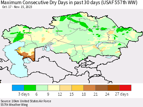 Kazakhstan Maximum Consecutive Dry Days in past 30 days (USAF 557th WW) 11/15/2023 Thematic Map For 11/11/2023 - 11/15/2023
