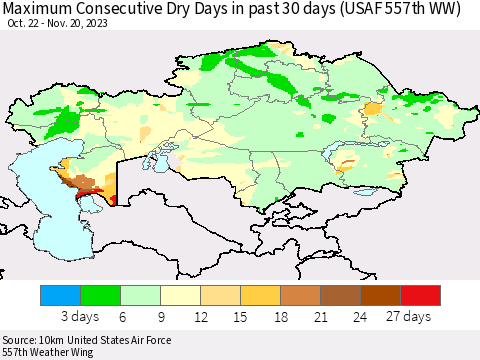 Kazakhstan Maximum Consecutive Dry Days in past 30 days (USAF 557th WW) 11/20/2023 Thematic Map For 11/16/2023 - 11/20/2023
