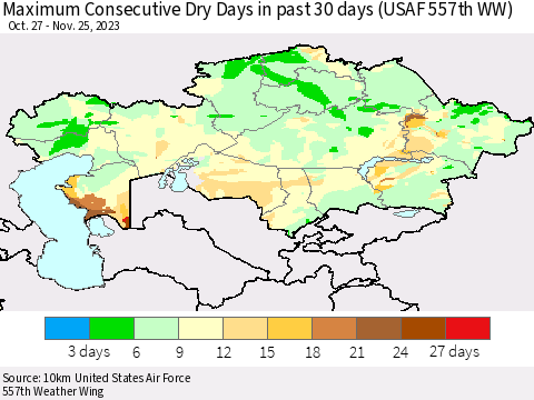 Kazakhstan Maximum Consecutive Dry Days in past 30 days (USAF 557th WW) 11/25/2023 Thematic Map For 11/21/2023 - 11/25/2023