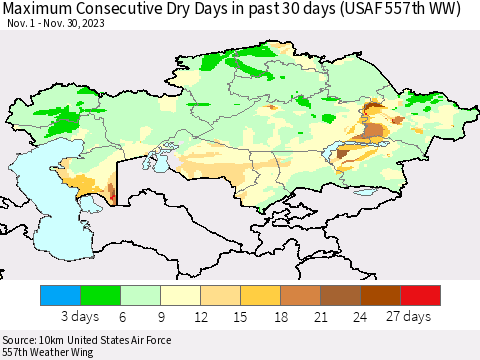 Kazakhstan Maximum Consecutive Dry Days in past 30 days (USAF 557th WW) 11/30/2023 Thematic Map For 11/26/2023 - 11/30/2023
