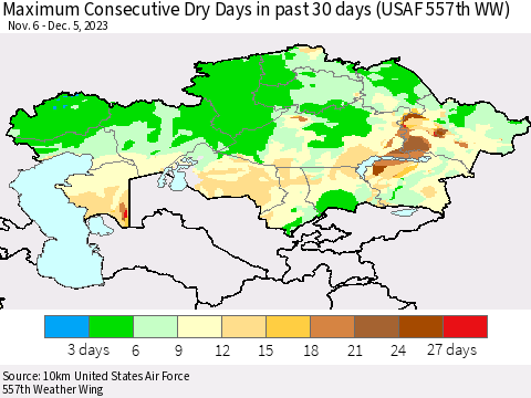 Kazakhstan Maximum Consecutive Dry Days in past 30 days (USAF 557th WW) 12/05/2023 Thematic Map For 12/1/2023 - 12/5/2023
