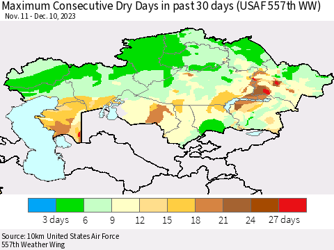 Kazakhstan Maximum Consecutive Dry Days in past 30 days (USAF 557th WW) 12/10/2023 Thematic Map For 12/6/2023 - 12/10/2023