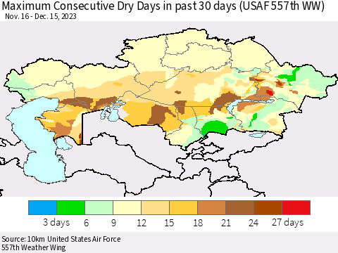 Kazakhstan Maximum Consecutive Dry Days in past 30 days (USAF 557th WW) 12/15/2023 Thematic Map For 12/11/2023 - 12/15/2023