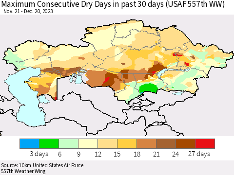 Kazakhstan Maximum Consecutive Dry Days in past 30 days (USAF 557th WW) 12/20/2023 Thematic Map For 12/16/2023 - 12/20/2023
