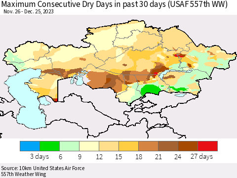 Kazakhstan Maximum Consecutive Dry Days in past 30 days (USAF 557th WW) 12/25/2023 Thematic Map For 12/21/2023 - 12/25/2023