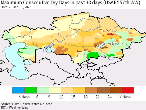 Kazakhstan Maximum Consecutive Dry Days in past 30 days (USAF 557th WW) 12/31/2023 Thematic Map For 12/26/2023 - 12/31/2023