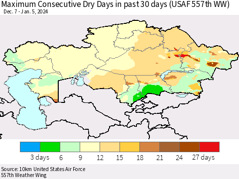 Kazakhstan Maximum Consecutive Dry Days in past 30 days (USAF 557th WW) 01/05/2024 Thematic Map For 1/1/2024 - 1/5/2024