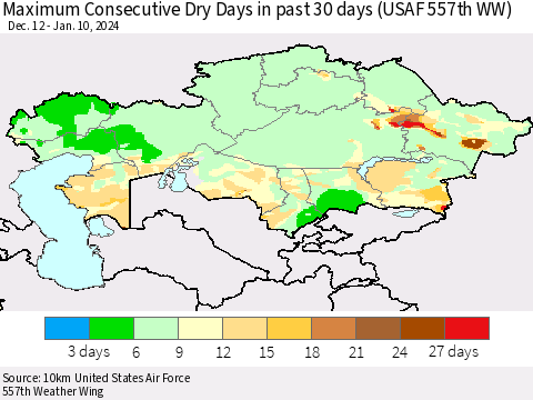 Kazakhstan Maximum Consecutive Dry Days in past 30 days (USAF 557th WW) 01/10/2024 Thematic Map For 1/6/2024 - 1/10/2024