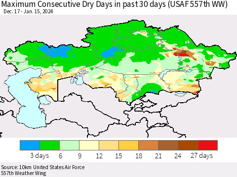 Kazakhstan Maximum Consecutive Dry Days in past 30 days (USAF 557th WW) 01/15/2024 Thematic Map For 1/11/2024 - 1/15/2024