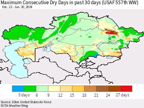 Kazakhstan Maximum Consecutive Dry Days in past 30 days (USAF 557th WW) 01/20/2024 Thematic Map For 1/16/2024 - 1/20/2024