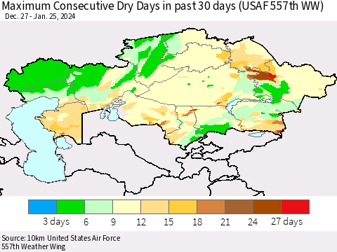 Kazakhstan Maximum Consecutive Dry Days in past 30 days (USAF 557th WW) 01/25/2024 Thematic Map For 1/21/2024 - 1/25/2024