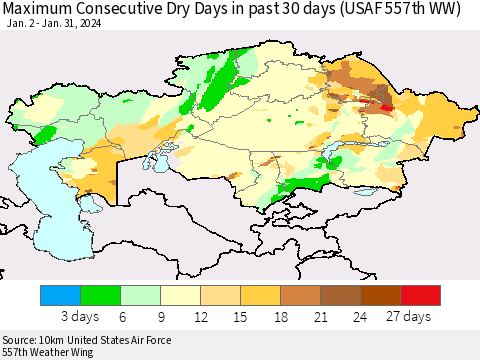 Kazakhstan Maximum Consecutive Dry Days in past 30 days (USAF 557th WW) 01/31/2024 Thematic Map For 1/26/2024 - 1/31/2024