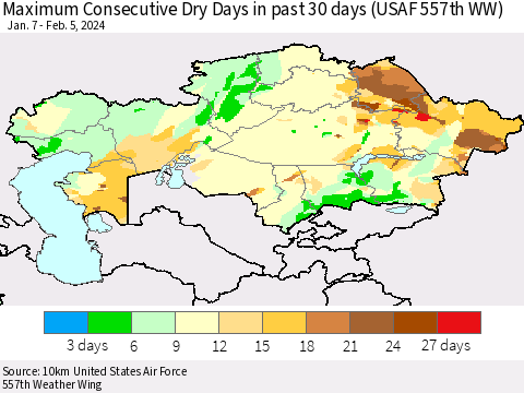 Kazakhstan Maximum Consecutive Dry Days in past 30 days (USAF 557th WW) 02/05/2024 Thematic Map For 2/1/2024 - 2/5/2024