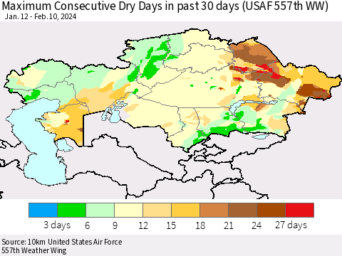 Kazakhstan Maximum Consecutive Dry Days in past 30 days (USAF 557th WW) 02/10/2024 Thematic Map For 2/6/2024 - 2/10/2024