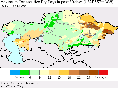 Kazakhstan Maximum Consecutive Dry Days in past 30 days (USAF 557th WW) 02/15/2024 Thematic Map For 2/11/2024 - 2/15/2024