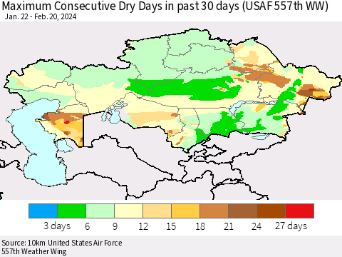 Kazakhstan Maximum Consecutive Dry Days in past 30 days (USAF 557th WW) 02/20/2024 Thematic Map For 2/16/2024 - 2/20/2024