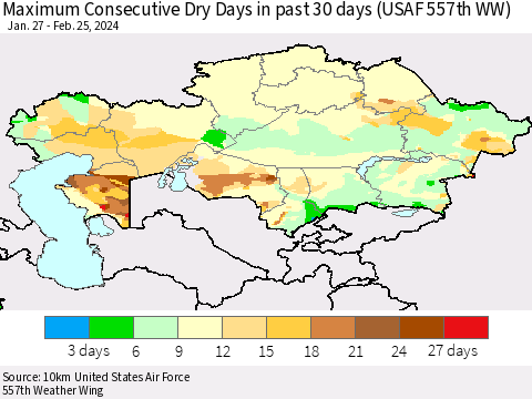 Kazakhstan Maximum Consecutive Dry Days in past 30 days (USAF 557th WW) 02/25/2024 Thematic Map For 2/21/2024 - 2/25/2024