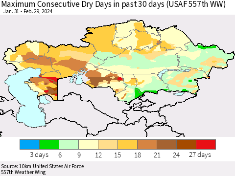 Kazakhstan Maximum Consecutive Dry Days in past 30 days (USAF 557th WW) 02/29/2024 Thematic Map For 2/26/2024 - 2/29/2024