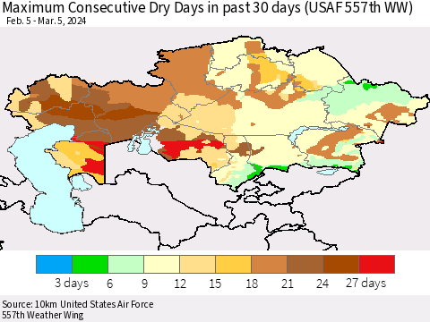Kazakhstan Maximum Consecutive Dry Days in past 30 days (USAF 557th WW) 03/05/2024 Thematic Map For 3/1/2024 - 3/5/2024