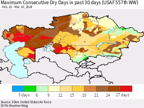 Kazakhstan Maximum Consecutive Dry Days in past 30 days (USAF 557th WW) 03/10/2024 Thematic Map For 3/6/2024 - 3/10/2024