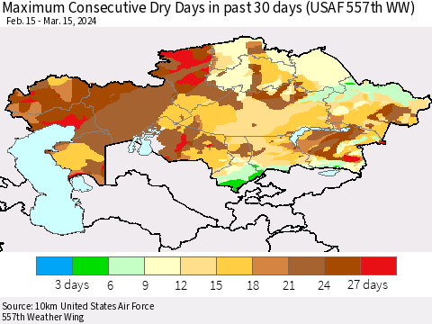 Kazakhstan Maximum Consecutive Dry Days in past 30 days (USAF 557th WW) 03/15/2024 Thematic Map For 3/11/2024 - 3/15/2024