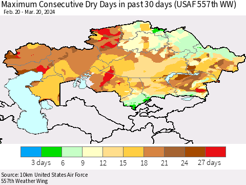 Kazakhstan Maximum Consecutive Dry Days in past 30 days (USAF 557th WW) 03/20/2024 Thematic Map For 3/16/2024 - 3/20/2024