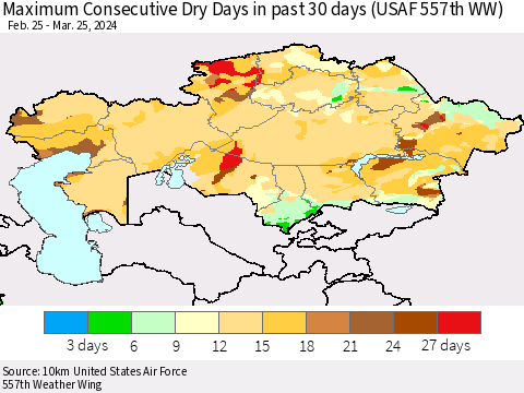 Kazakhstan Maximum Consecutive Dry Days in past 30 days (USAF 557th WW) 03/25/2024 Thematic Map For 3/21/2024 - 3/25/2024