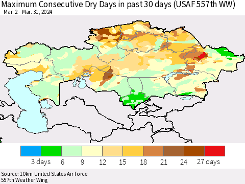 Kazakhstan Maximum Consecutive Dry Days in past 30 days (USAF 557th WW) 03/31/2024 Thematic Map For 3/26/2024 - 3/31/2024