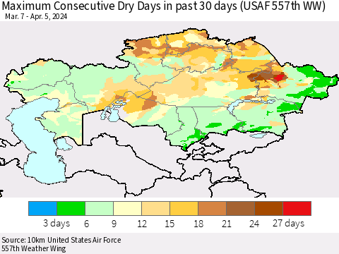 Kazakhstan Maximum Consecutive Dry Days in past 30 days (USAF 557th WW) 04/05/2024 Thematic Map For 4/1/2024 - 4/5/2024