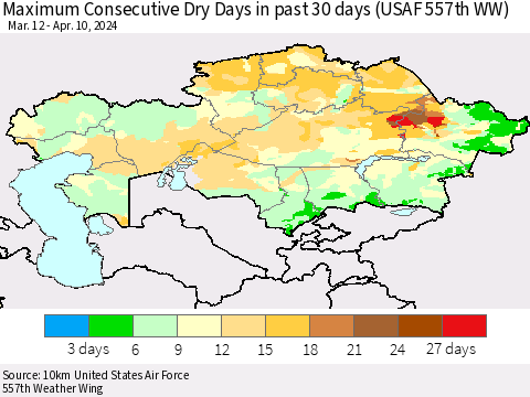 Kazakhstan Maximum Consecutive Dry Days in past 30 days (USAF 557th WW) 04/10/2024 Thematic Map For 4/6/2024 - 4/10/2024