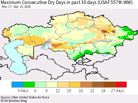 Kazakhstan Maximum Consecutive Dry Days in past 30 days (USAF 557th WW) 04/15/2024 Thematic Map For 4/11/2024 - 4/15/2024