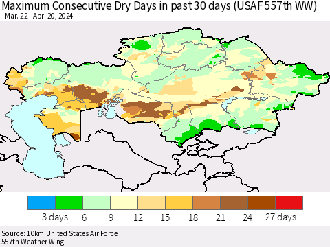 Kazakhstan Maximum Consecutive Dry Days in past 30 days (USAF 557th WW) 04/20/2024 Thematic Map For 4/16/2024 - 4/20/2024