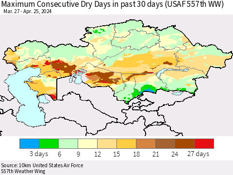 Kazakhstan Maximum Consecutive Dry Days in past 30 days (USAF 557th WW) 04/25/2024 Thematic Map For 4/21/2024 - 4/25/2024