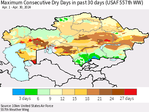 Kazakhstan Maximum Consecutive Dry Days in past 30 days (USAF 557th WW) 04/30/2024 Thematic Map For 4/26/2024 - 4/30/2024
