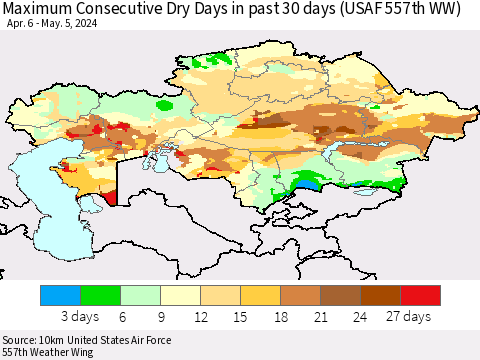 Kazakhstan Maximum Consecutive Dry Days in past 30 days (USAF 557th WW) 05/05/2024 Thematic Map For 5/1/2024 - 5/5/2024