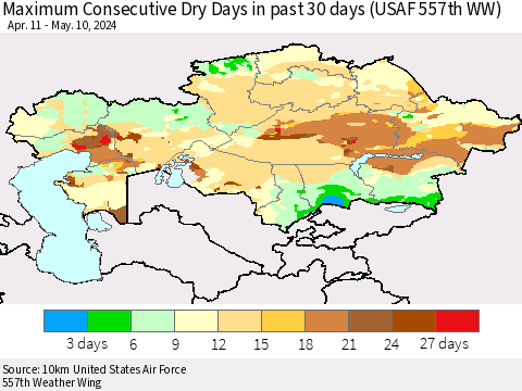 Kazakhstan Maximum Consecutive Dry Days in past 30 days (USAF 557th WW) 05/10/2024 Thematic Map For 5/6/2024 - 5/10/2024
