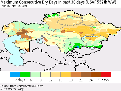 Kazakhstan Maximum Consecutive Dry Days in past 30 days (USAF 557th WW) 05/15/2024 Thematic Map For 5/11/2024 - 5/15/2024