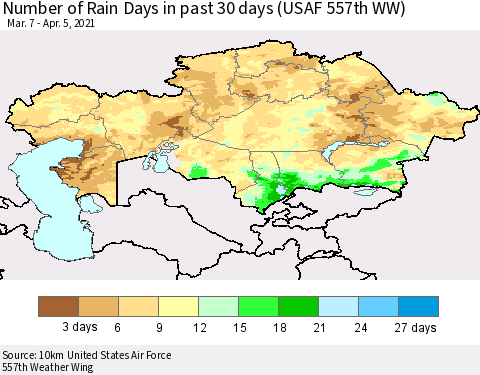 Kazakhstan Number of Rain Days in past 30 days (USAF 557th WW) 04/05/2021 Thematic Map For 4/1/2021 - 4/5/2021