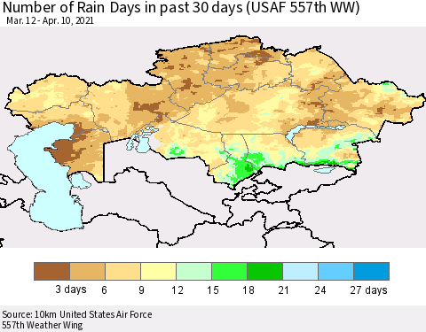 Kazakhstan Number of Rain Days in past 30 days (USAF 557th WW) 04/10/2021 Thematic Map For 4/6/2021 - 4/10/2021