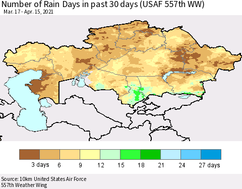 Kazakhstan Number of Rain Days in past 30 days (USAF 557th WW) 04/15/2021 Thematic Map For 4/11/2021 - 4/15/2021